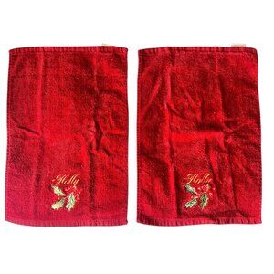 Set Of 2 Red Christmas Hand Towels With Embroidered Holly Leaves & Berries 15.5”